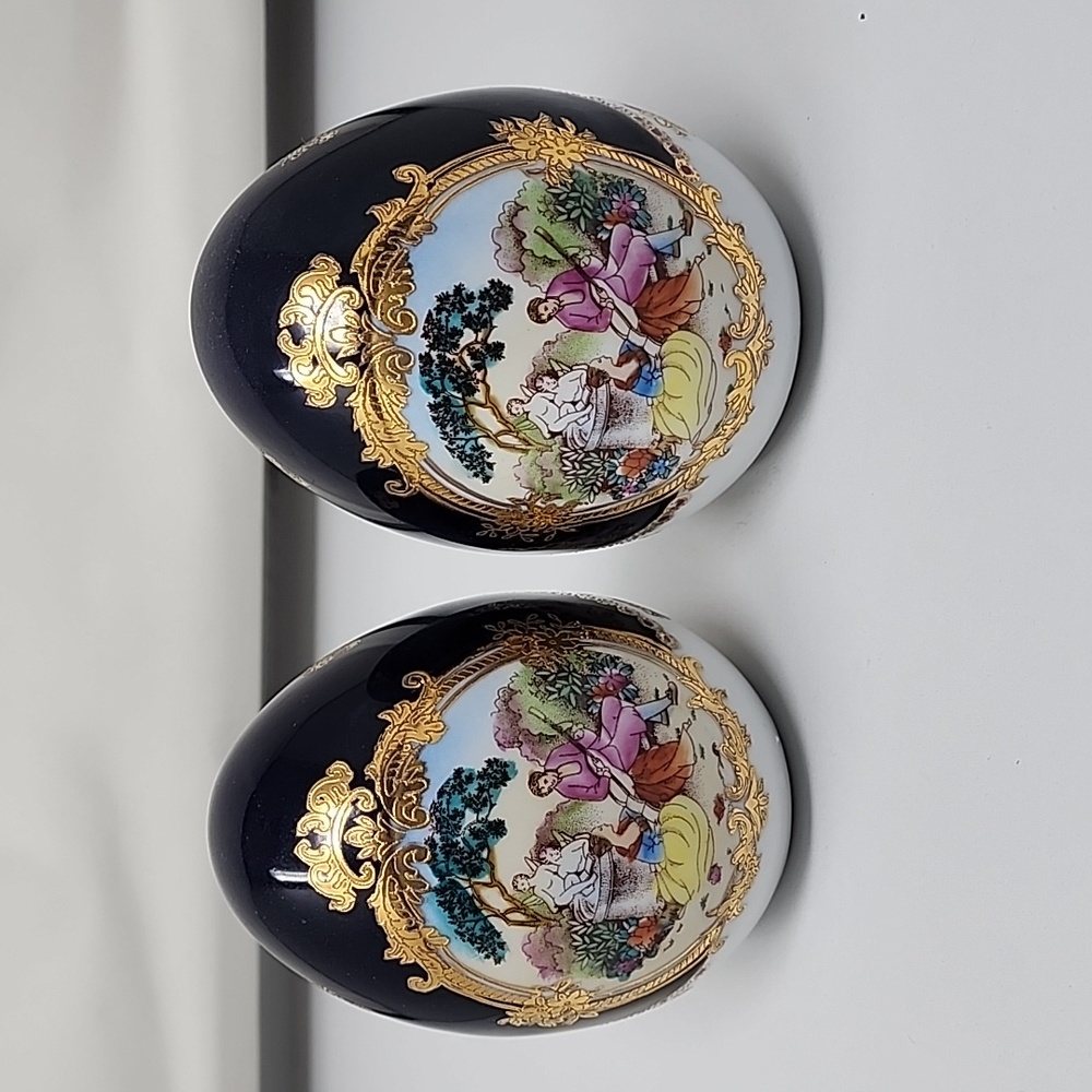 Set of two cobalt blue Victorian eggs Limoge PRC LF fine porcelain